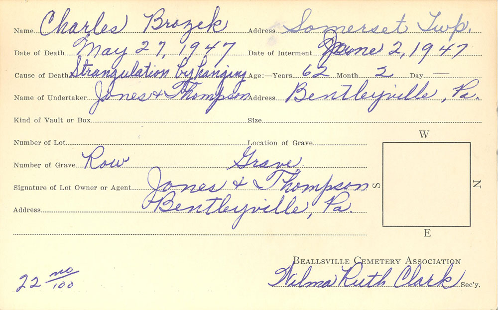 Charles Brozek burial card